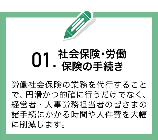 社会保険・労働　保険の手続き
労働社会保険の業務を代行することで、円滑かつ的確に行うだけでなく、経営者・人事労務担当者の皆さまの諸手続にかかる時間や人件費を大幅に削減します。